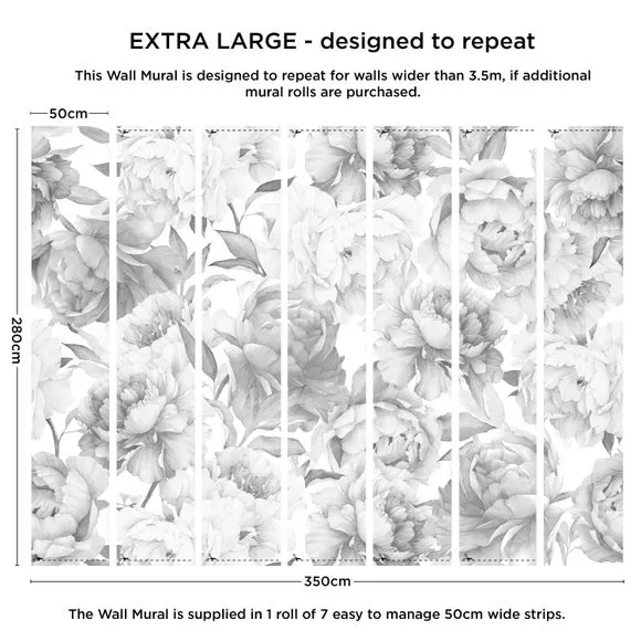 Peony Floral Wall Mural - Grey, Paper