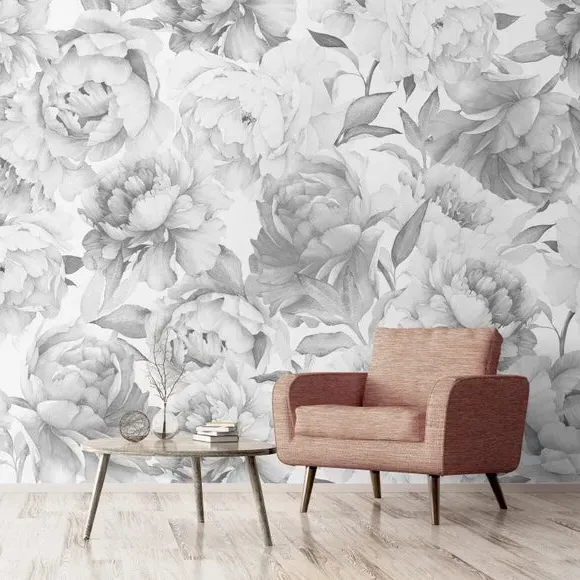 Peony Floral Wall Mural - Grey, Paper