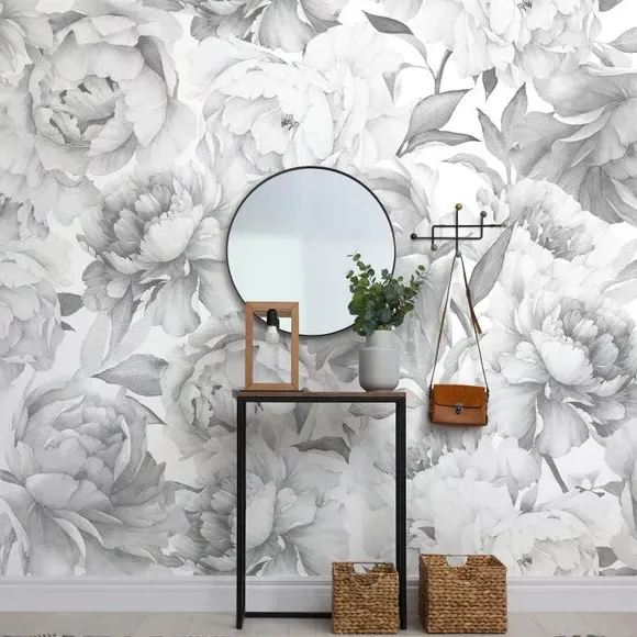 Peony Floral Wall Mural - Grey, Paper