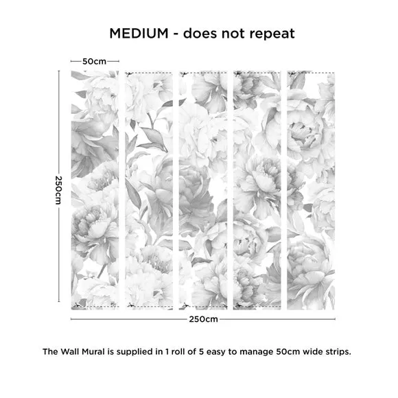 Peony Floral Wall Mural - Grey, Paper