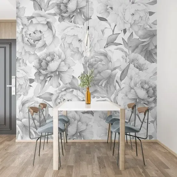 Peony Floral Wall Mural - Grey, Paper image