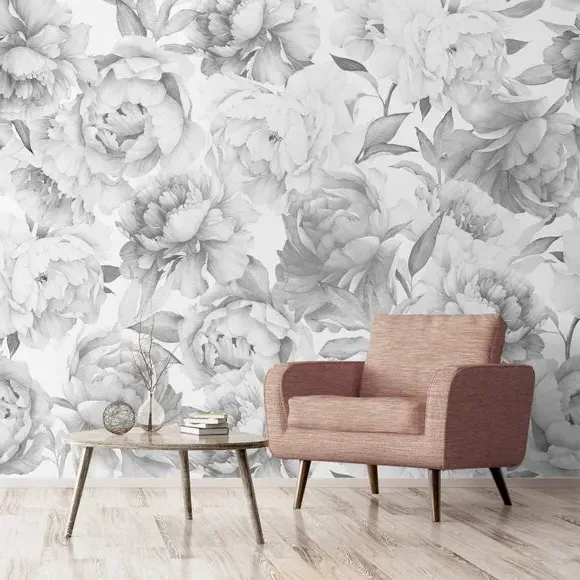 Peony Floral Wall Mural - Grey, Paper