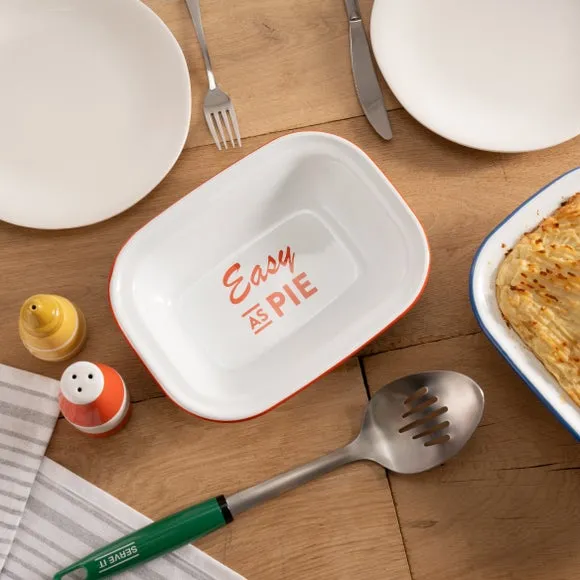 Pie Dish with Slogan Design - White, Enamel