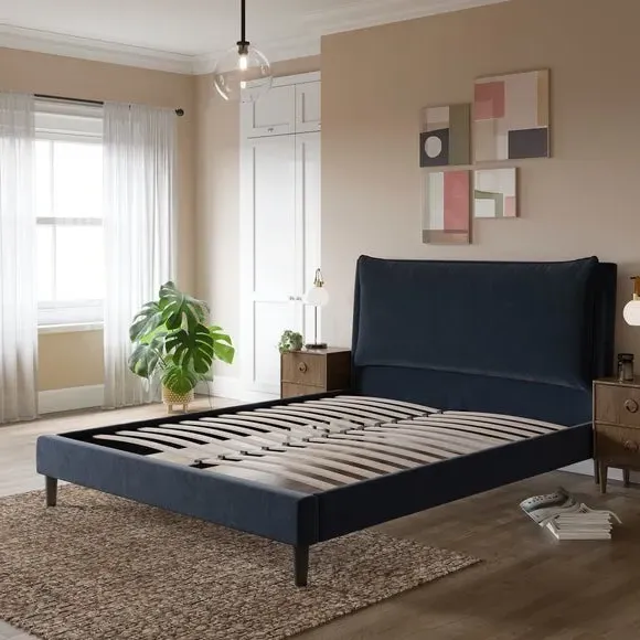 Pillow Back Bed Frame - Navy, Velvet