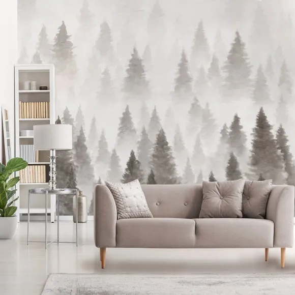 Pine Forest Wall Mural - Grey, Non-Woven Paper