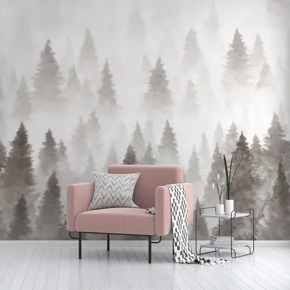 Pine Forest Wall Mural - Grey, Non-Woven Paper image
