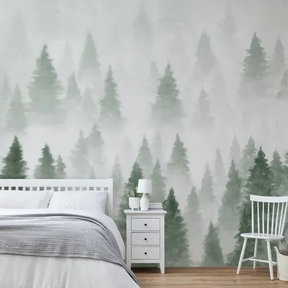 Pine Forest Wall Mural - Sage, Non-Woven Paper