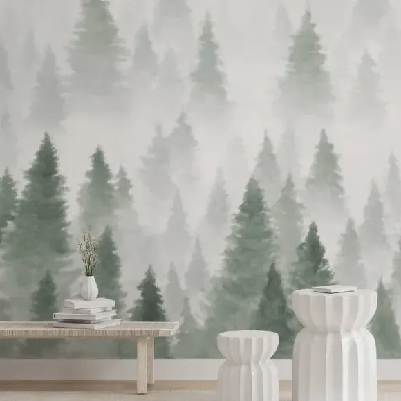 Pine Forest Wall Mural - Sage, Non-Woven Paper
