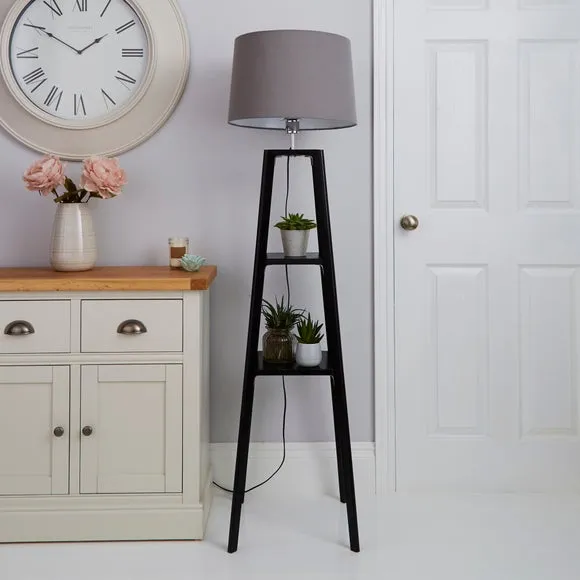 Plant Stand Floor Lamp with Shelves - Black, Wood