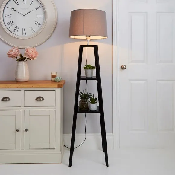 Plant Stand Floor Lamp with Shelves - Black, Wood image