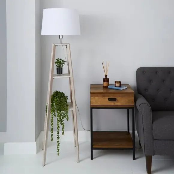 Plant Stand Floor Lamp with Shelves - Grey, Wood