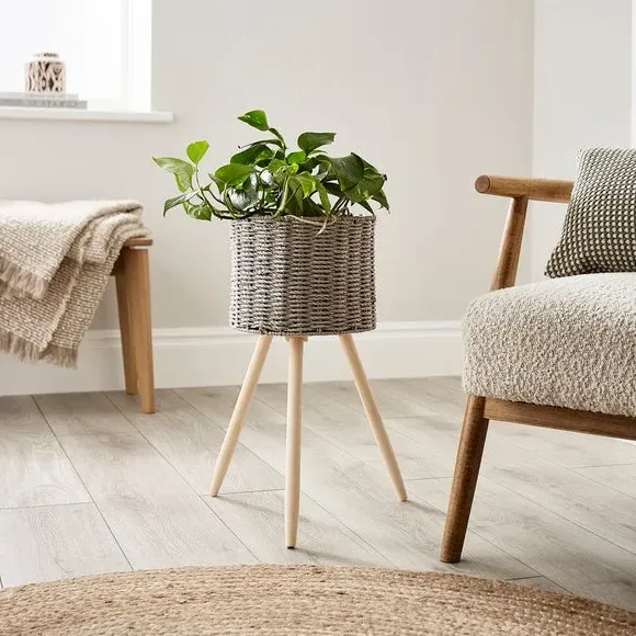 Plant Stand with Wood Legs - Grey, Woven