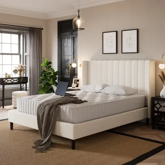 Pleated Bed Frame with Sprung Slats - Ivory, Teddy