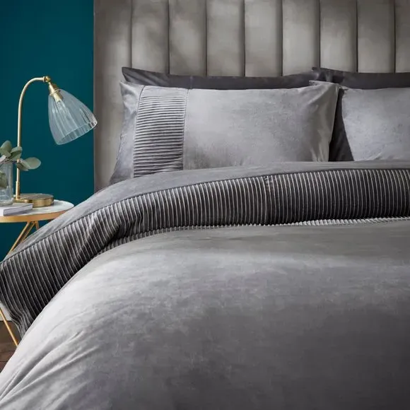 Pleated Duvet Cover Set - Charcoal, Velvet