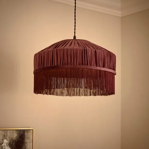 Pleated Lamp Shade with Fringing - Aubergine, Velvet