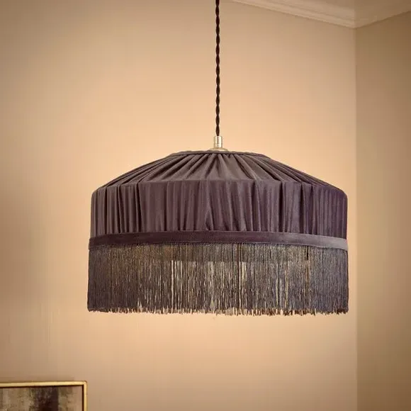 Pleated Lamp Shade with Fringing - Blue, Velvet