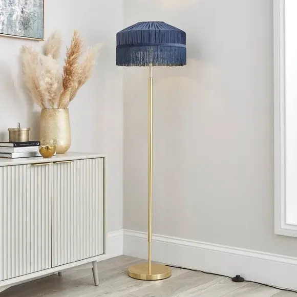 Pleated Lamp Shade with Fringing - Blue, Velvet