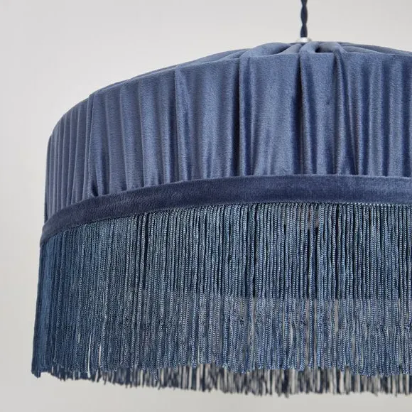 Pleated Lamp Shade with Fringing - Blue, Velvet