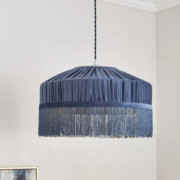 Pleated Lamp Shade with Fringing - Blue, Velvet
