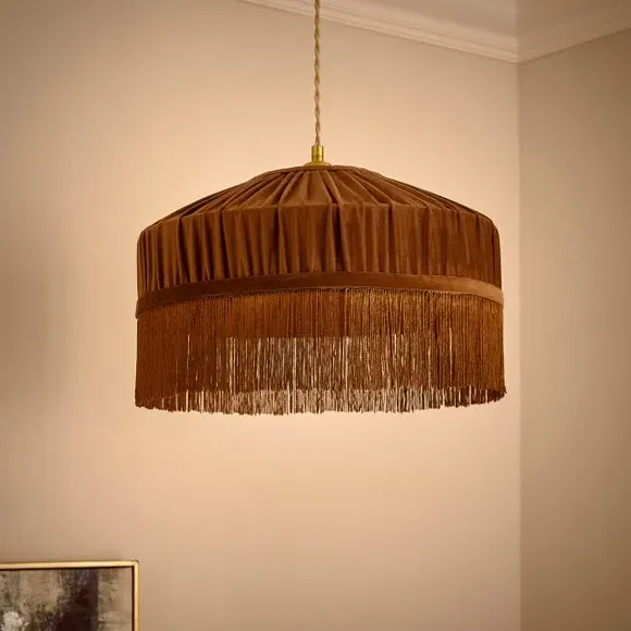 Pleated Lamp Shade with Fringing - Brown, Velvet