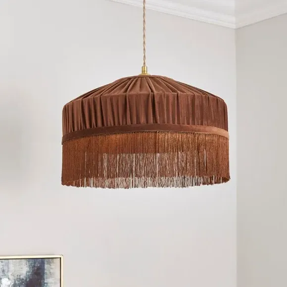 Pleated Lamp Shade with Fringing - Brown, Velvet