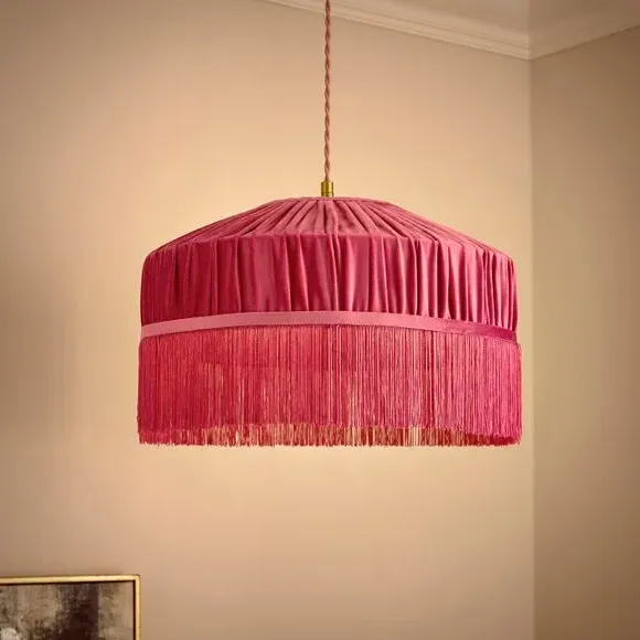 Pleated Lamp Shade with Fringing - Fuschia, Velvet