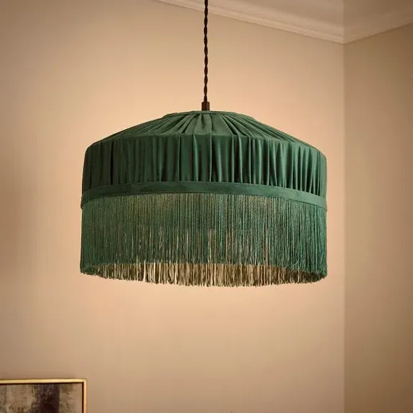 Pleated Lamp Shade with Fringing - Green, Velvet