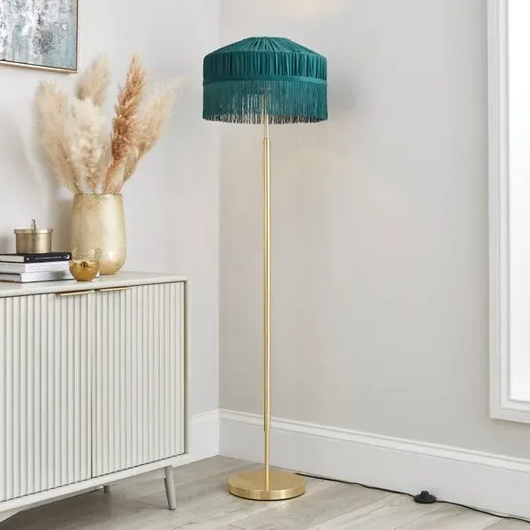 Pleated Lamp Shade with Fringing - Green, Velvet