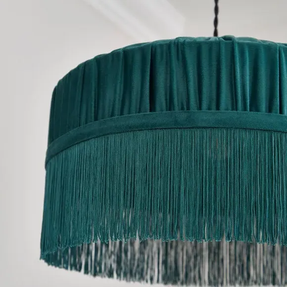 Pleated Lamp Shade with Fringing - Green, Velvet