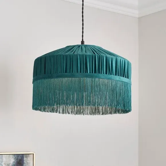 Pleated Lamp Shade with Fringing - Green, Velvet