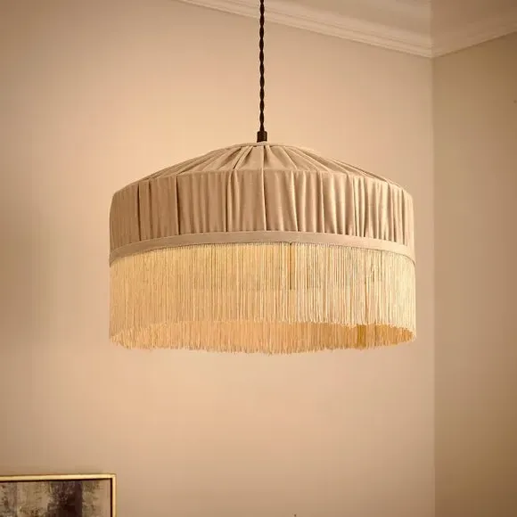Pleated Lamp Shade with Fringing - Natural, Velvet