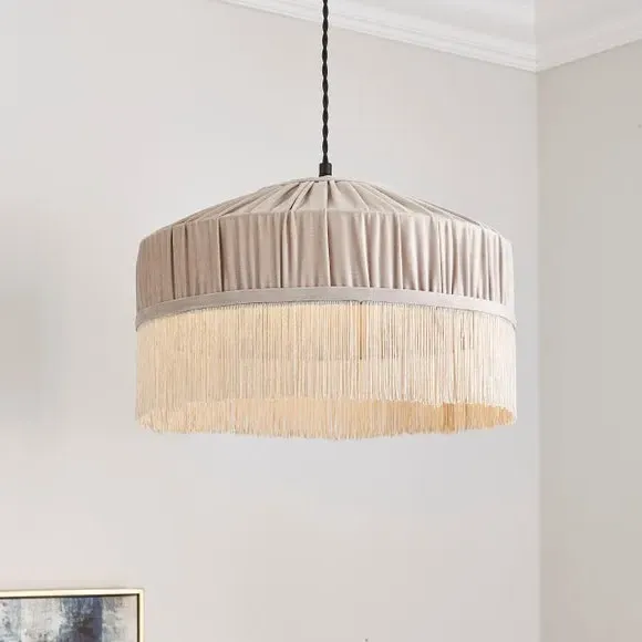 Pleated Lamp Shade with Fringing - Natural, Velvet