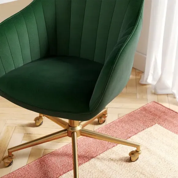 Pleated Office Chair with Armrests - Green, Velvet