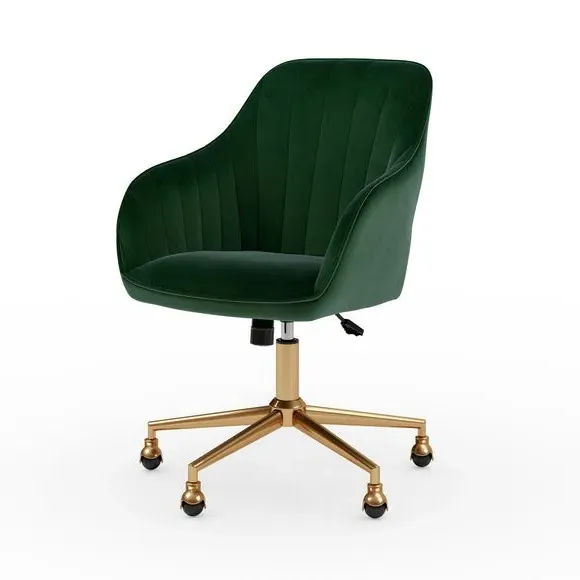 Pleated Office Chair with Armrests - Green, Velvet