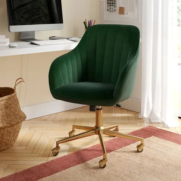 Pleated Office Chair with Armrests - Green, Velvet image