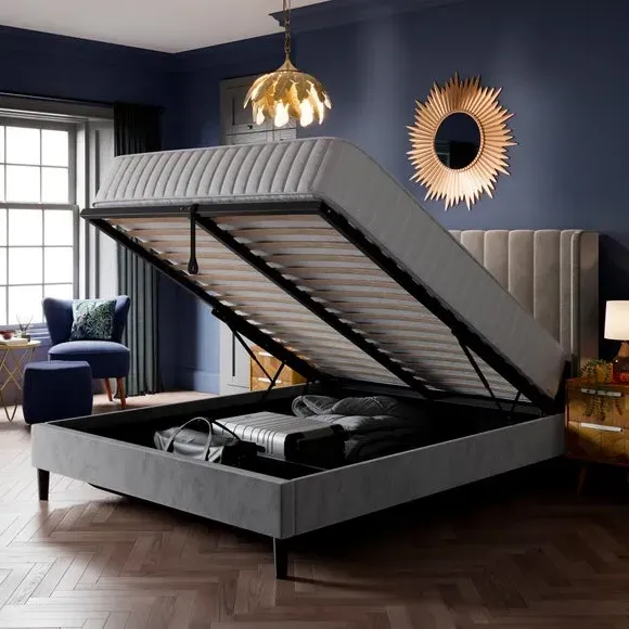 Pleated Ottoman Bed Frame with Storage - Grey, Velvet