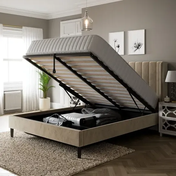 Pleated Ottoman Bed Frame with Storage - Natural, Velvet