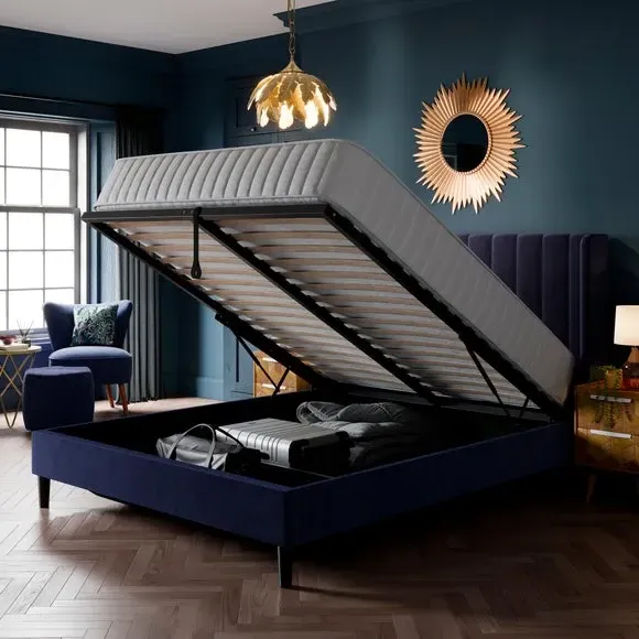 Pleated Ottoman Bed Frame with Storage - Navy, Velvet