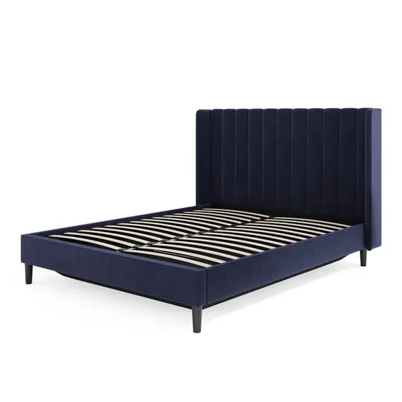 Pleated Ottoman Bed Frame with Storage - Navy, Velvet