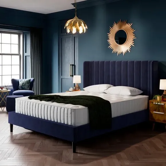 Pleated Ottoman Bed Frame with Storage - Navy, Velvet