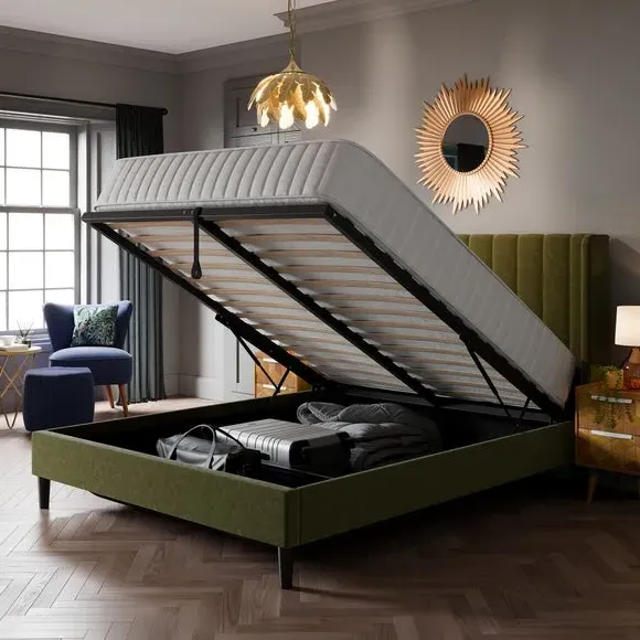 Pleated Ottoman Bed Frame with Storage - Olive, Velvet