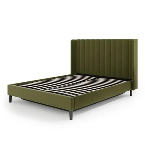 Pleated Ottoman Bed Frame with Storage - Olive, Velvet