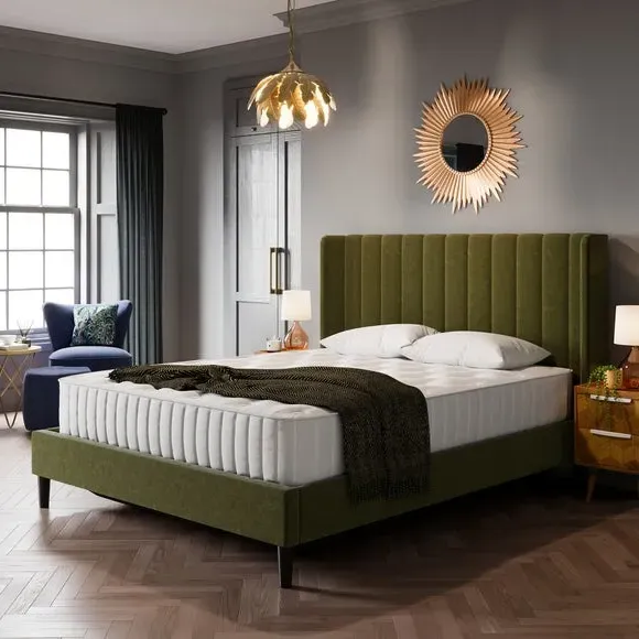 Pleated Ottoman Bed Frame with Storage - Olive, Velvet