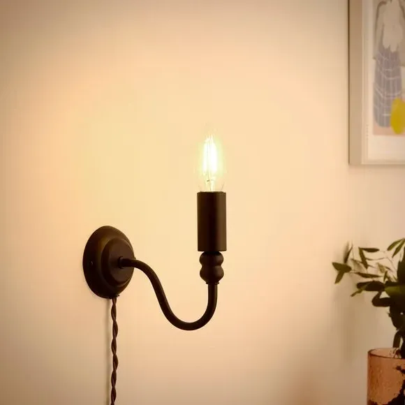 Plug-In Wall Light with Curved Arm - Black