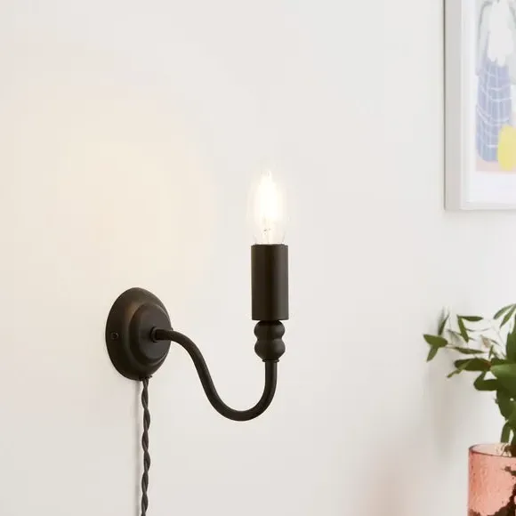 Plug-In Wall Light with Curved Arm - Black image