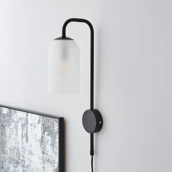 Plug-In Wall Light with Glass Shade - Black