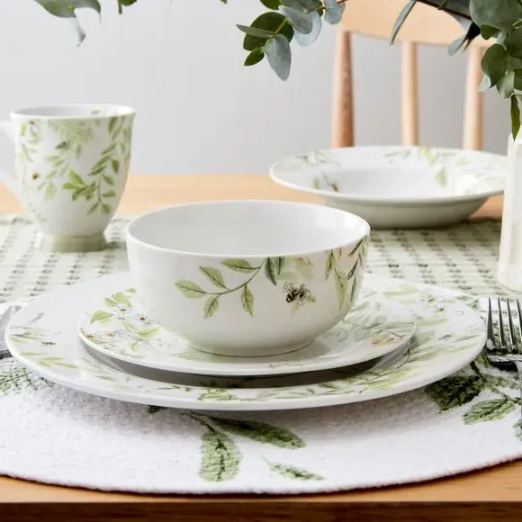 Porcelain Mug with Floral Design - Sage, White