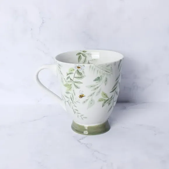 Porcelain Mug with Floral Design - Sage, White image
