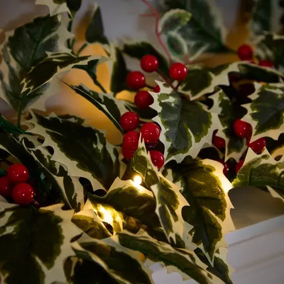Pre-Lit Holly Garland with Timer - Green, Artificial