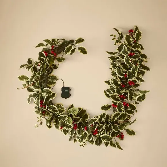 Pre-Lit Holly Garland with Timer - Green, Artificial